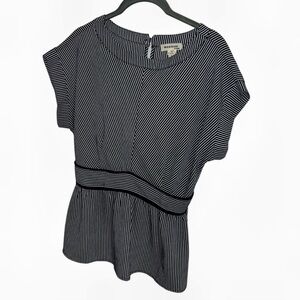 Monteau Top Blouse Black White Striped Peplum Smocked shirt large like new nwot